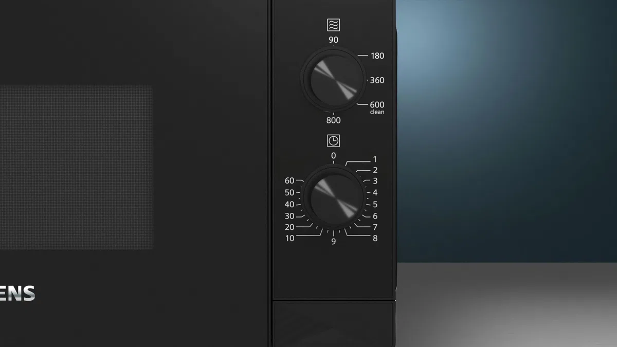 Siemens FF020LMB2 iQ300 Mikrowelle, 44 x 26 cm, 800 Watt, Drehteller 27 cm, Türanschlag links, LED-Innenbeleuchtung, Schwarz, 20 L