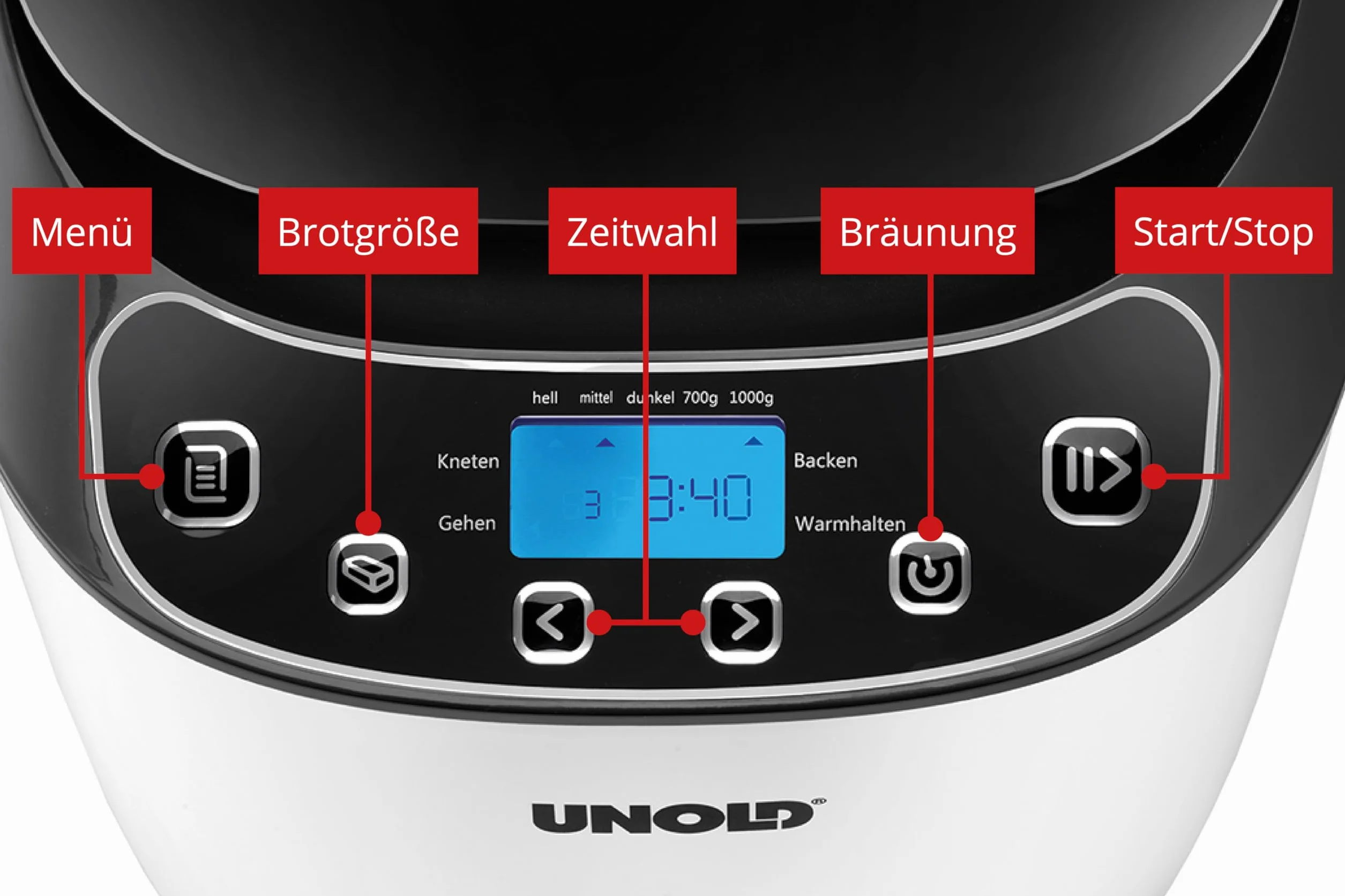 Unold 68010 Backmeister Design - Brotbackautomat, bis 1.000g Brotgewicht, Schwarz-Weiß, 550 Watt, BPA-frei, Cool-Touch-Gehäuse, 12 gespeicherte Programme, LCD-Display