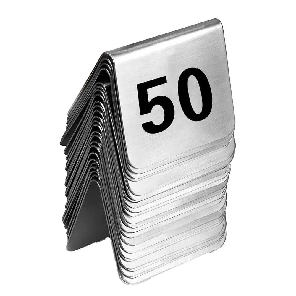 Edelstahl Tischnummern 1-50, Doppelseitige Tischschilder Hochzeit Sitzplan Tischkarten Nummer, Stapelbare Tischnummernkarten Schild für Empfänge, Bankette, Cafés, Restaurants, Hotel