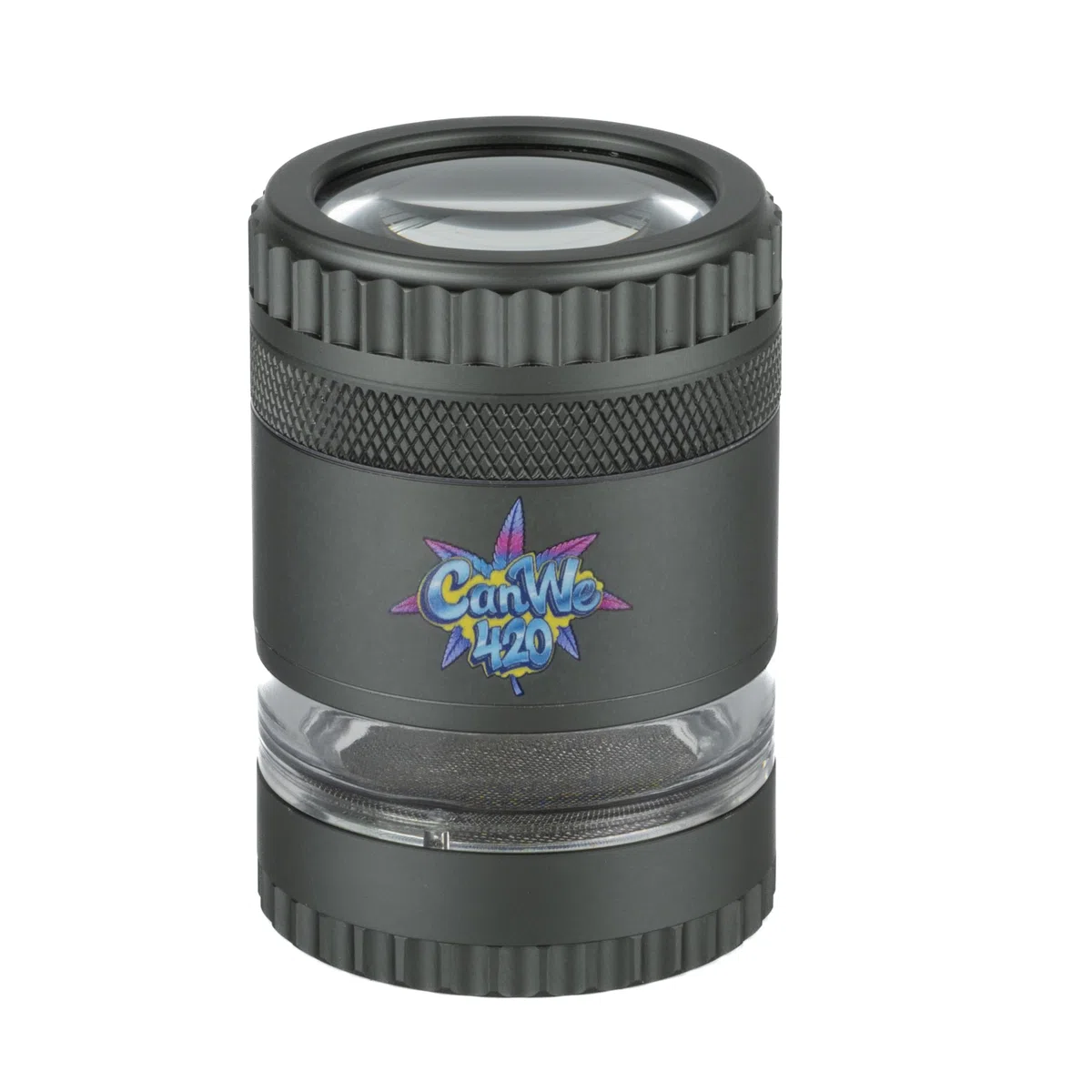 CanWe420 Aluminium Grinder [Mit Lupe & Sichtfenster] – 4-teiliger Metallgrinder Grau (inkl. Pollensieb & Magnetdeckel) – Grinder für Kräuter & Blüten (Effizient & Präzise)