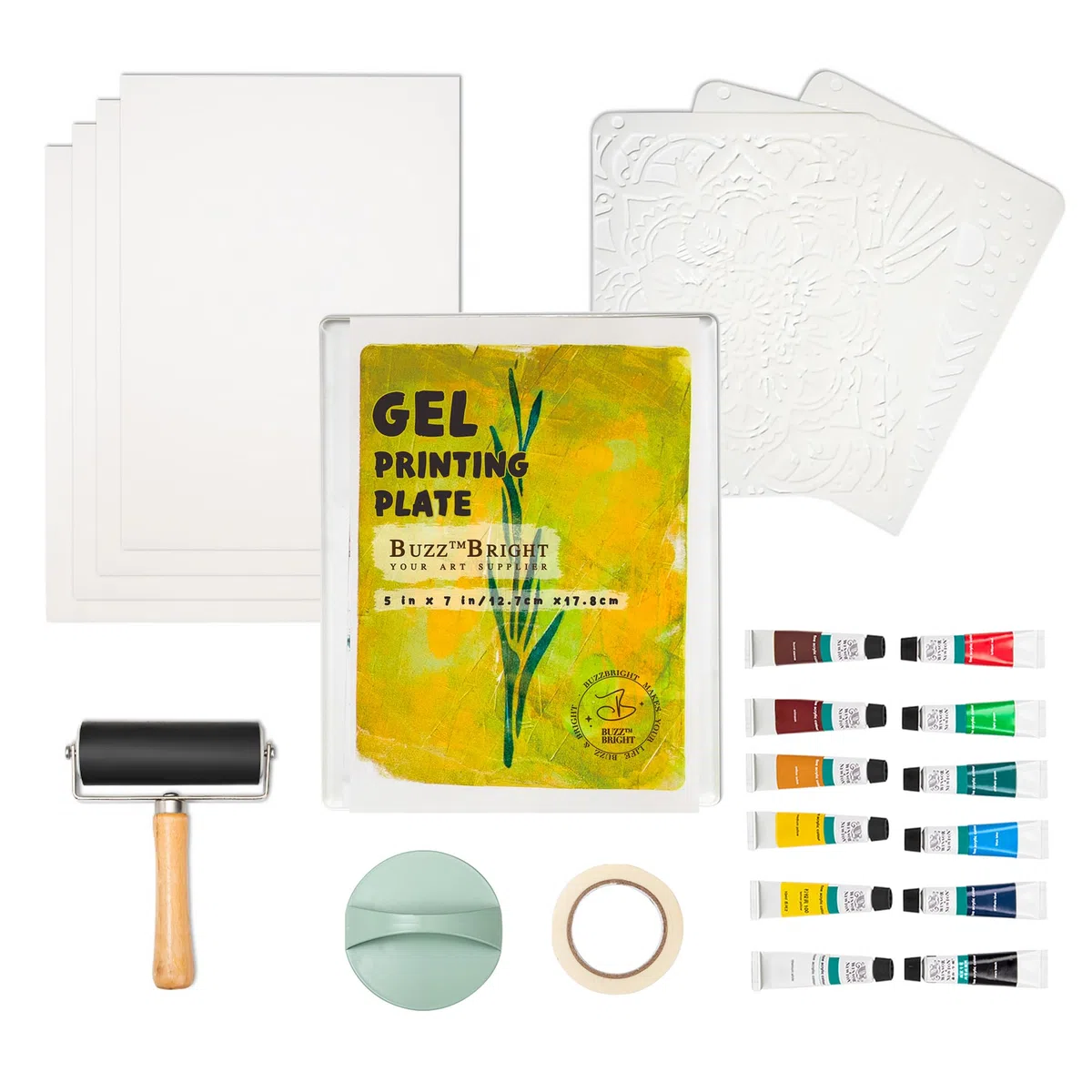 BuzzBright Gel-Druckplatten-Set, komplettes Druckherstellungs-Set mit 12,7 x 17,8 cm Gelatineteller, Brayer, Druckpapier, Acrylfarbe und unverzichtbaren Werkzeugen für Kunstwerke mit gemischten Medien