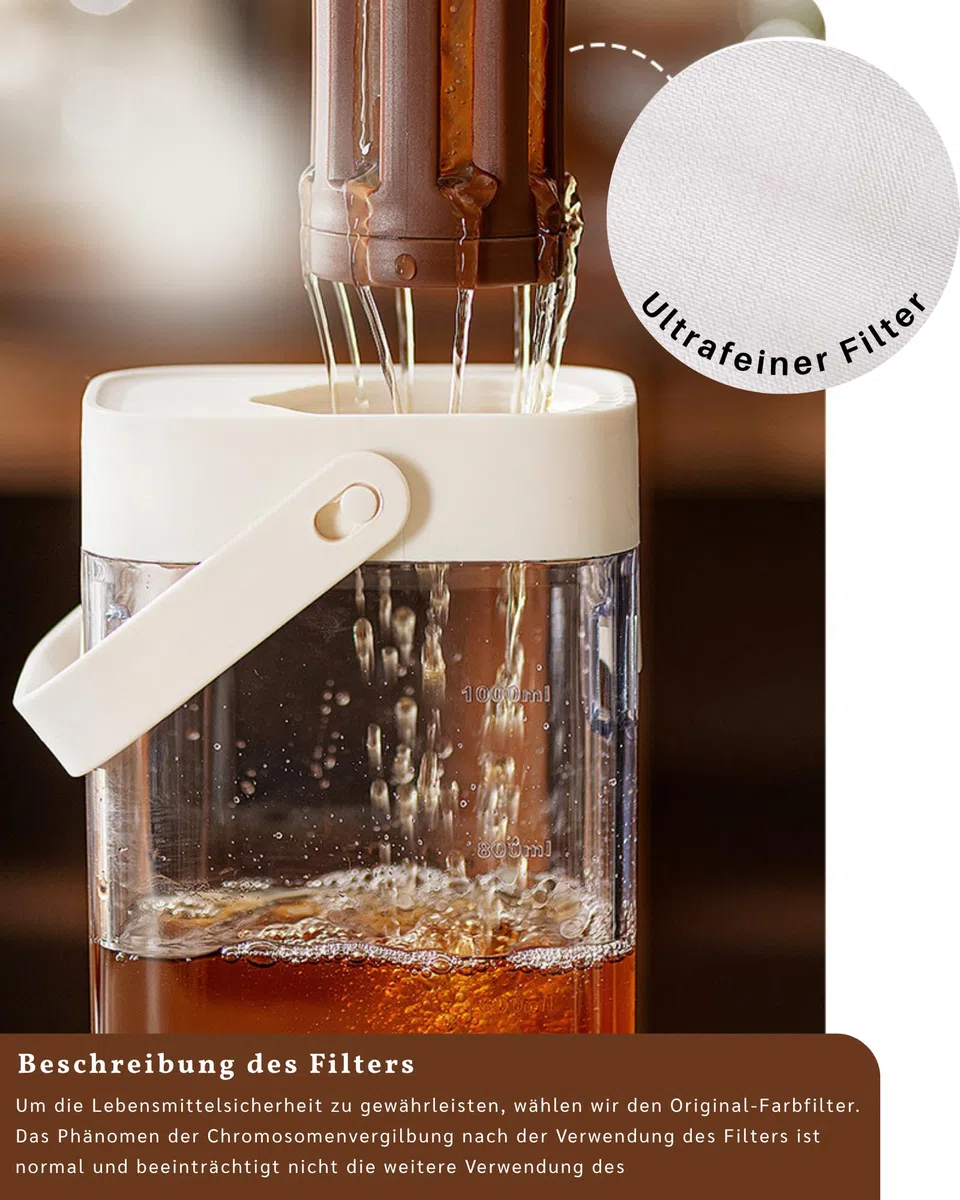 JanYoo Cold Brew Kaffeebereiter 1000ml, Cold Brew Coffee Maker mit Feinstfilter, Kaltgebrüh-Kaffeemaschine Tragbar für Eiskaffee, Eistee, Saft