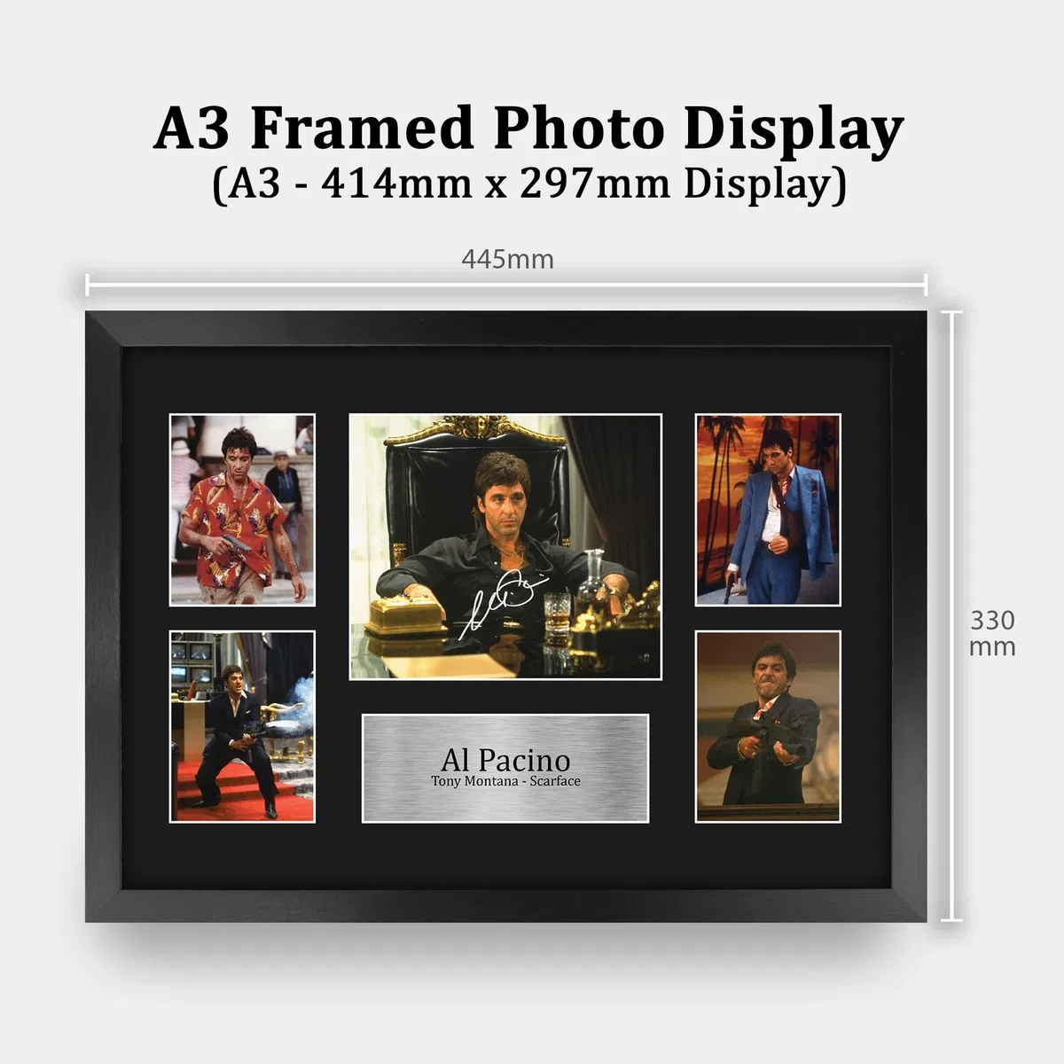 HWC Trading FR A3 Al Pacino Scarface Tony Montana Geschenke Geducktes Signiertes Autogramm Foto für Fans von Film Memorabilien - A3 Gerahmt