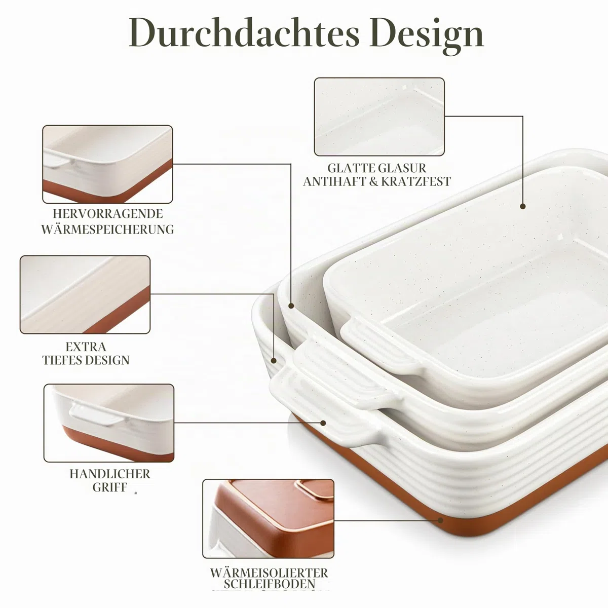 MALACASA, Serie TARA, Auflaufform Groß, 3er Set Lasagne Auflaufform aus Steingut & kratzfest | Backform für Lasagne, Tiramisu & Aufläufe in 3 Größen, Mikrowellengeeignet & Spülmaschinenfest