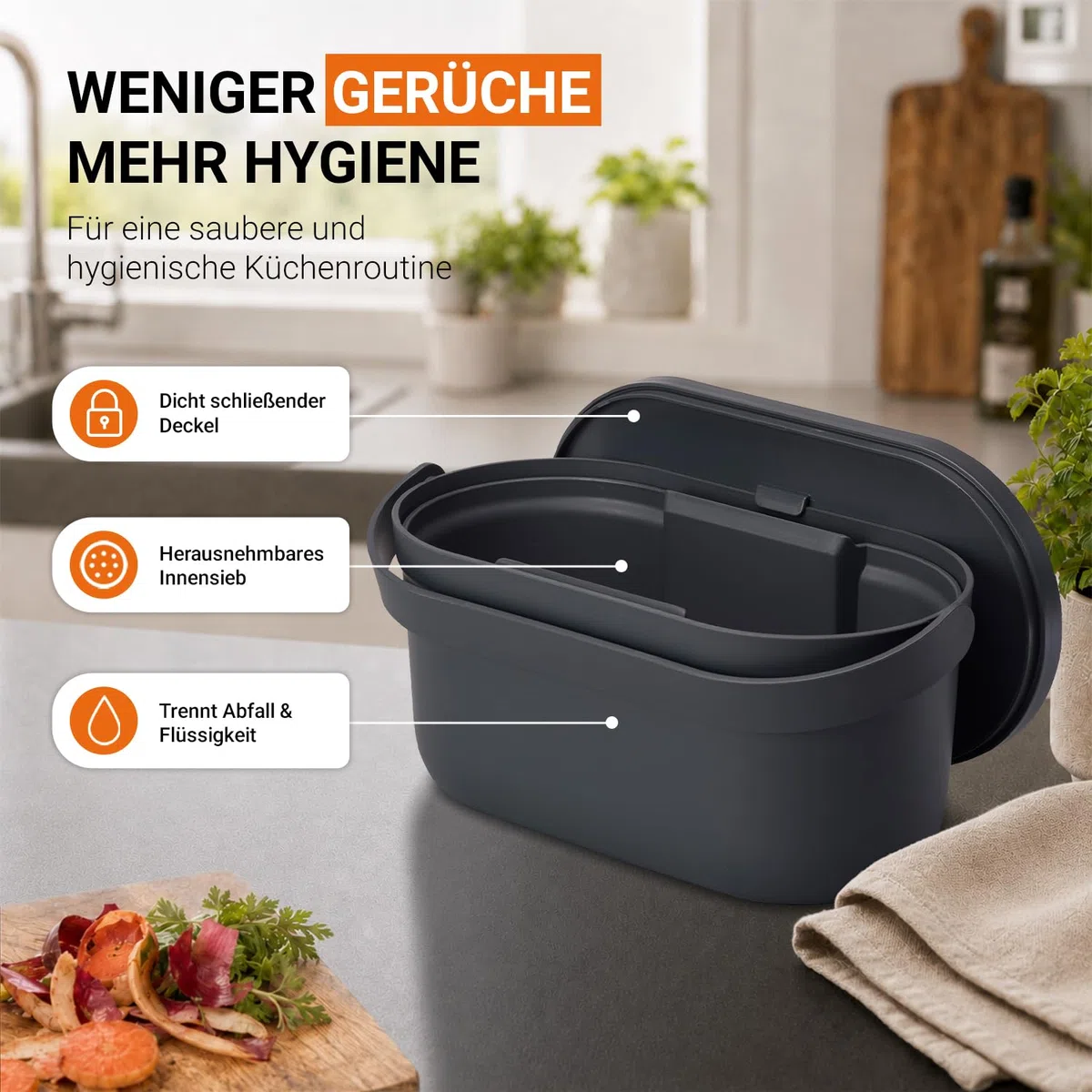 Garantia NOVA Biomülleimer Küche 5L Graphite Grey - Geruchsdichter Komposteimer für Küchenabfälle - Kleiner Biomüll Behälter Spülmaschinenfest & Innensieb - Qualität aus Deutschland