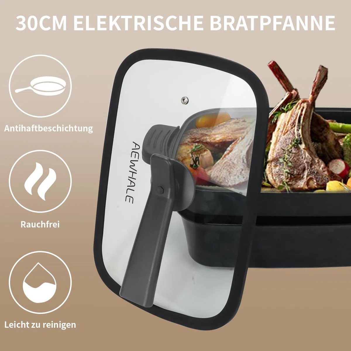 AEWHALE 3-in-1 Multifunktionspfanne Elektrischer Grill,Elektropfanne mit Deckel 1500W Antihaftbeschichtung, Abnehmbare Oberfläche&Cool-Touch-Griffe Pancake Elektrisch Partypfanne