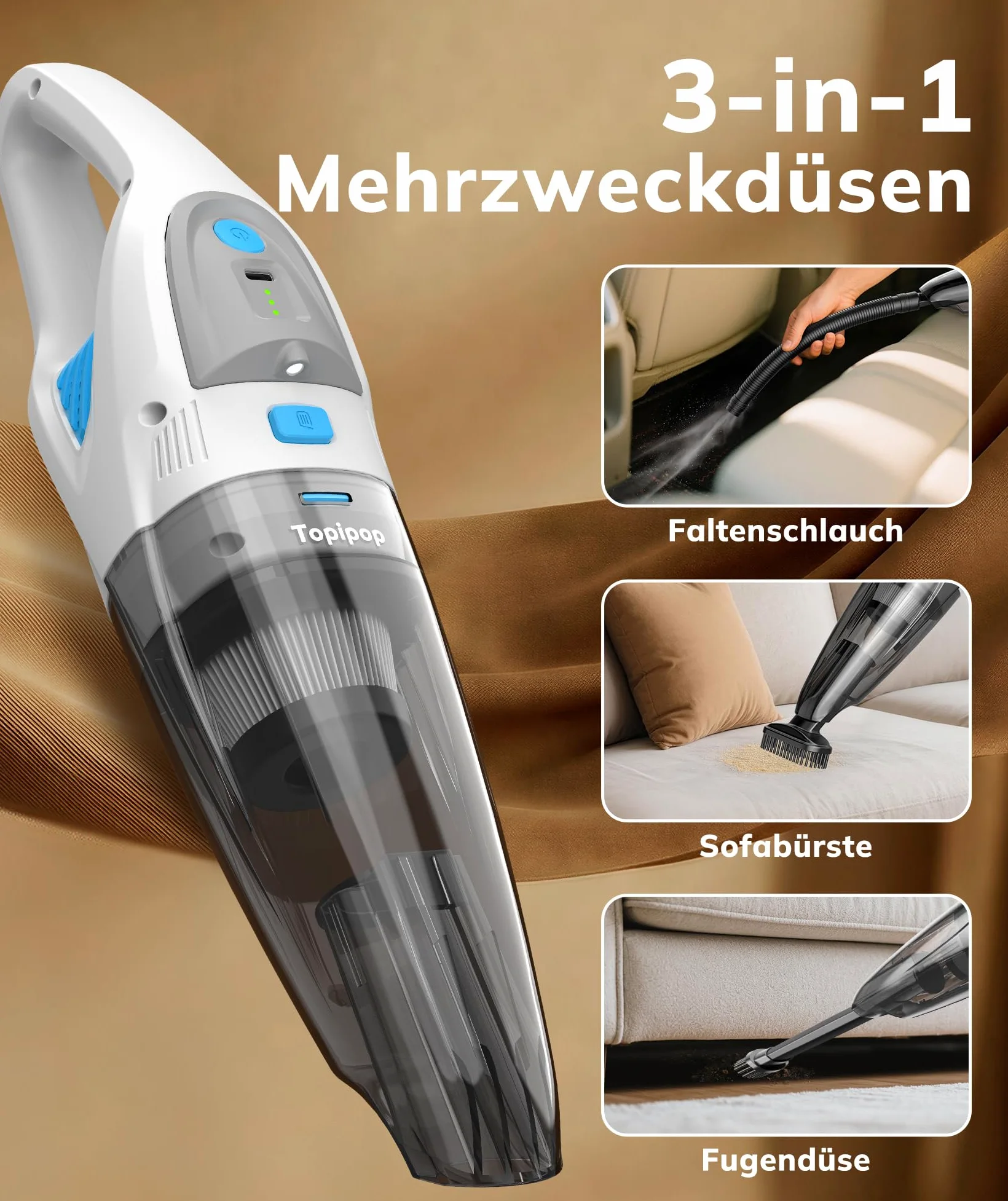 Topipop Handstaubsauger Akku mit 25000Pa Starke Saugkraft,Kabelloser Staubsauger mit HEPA-Filter & Aufsätzen–Leichter Autostaubsauger für Tierhaare,Teppich Haus,Büro,Küche (Weiß)