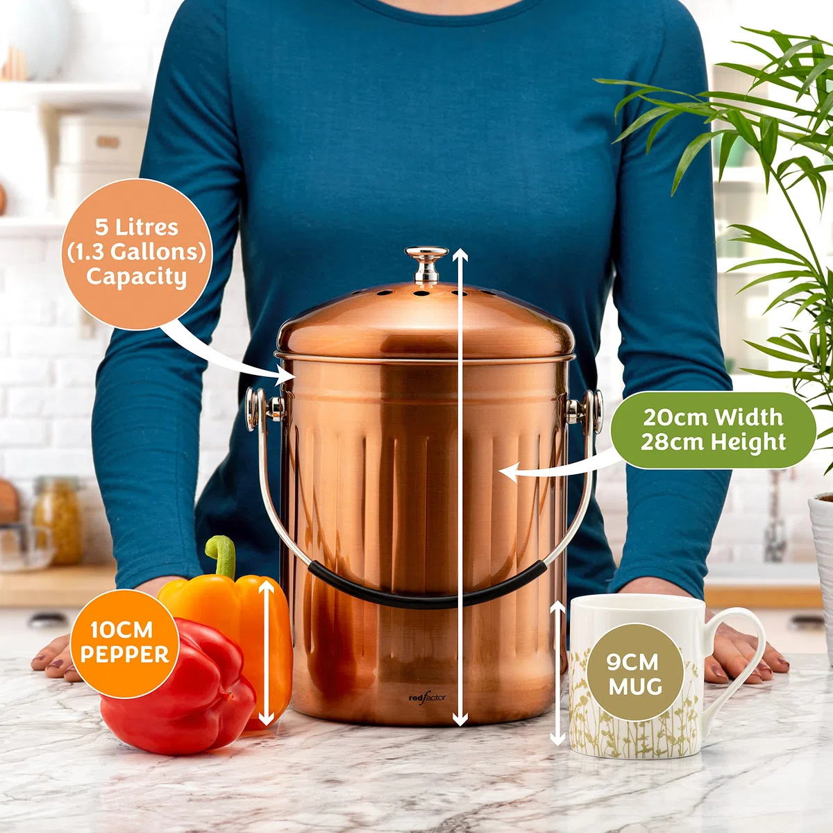 RED FACTOR Premium Kompostbehälter Küche Aus Edelstahl Geruchlos - Bio Mülleimer - Inklusive Kostenlosen Aktivkohlefiltern (Matt Kupfer, 5 Liter)