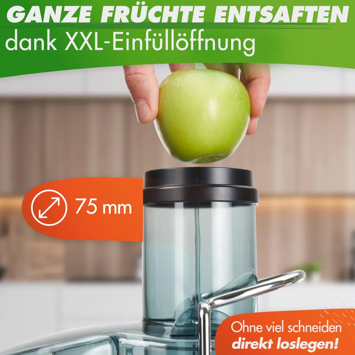 Nutrilovers Entsafter QUICK-JUICER MAX Zentrifugal-Entsafter Obst und Gemüse entsaften, 800W, XXL Einwurf, Edelstahl-Sieb, Externer Tresterbehälter, BPA-frei inkl. Trinkflasche + Rezeptbuch