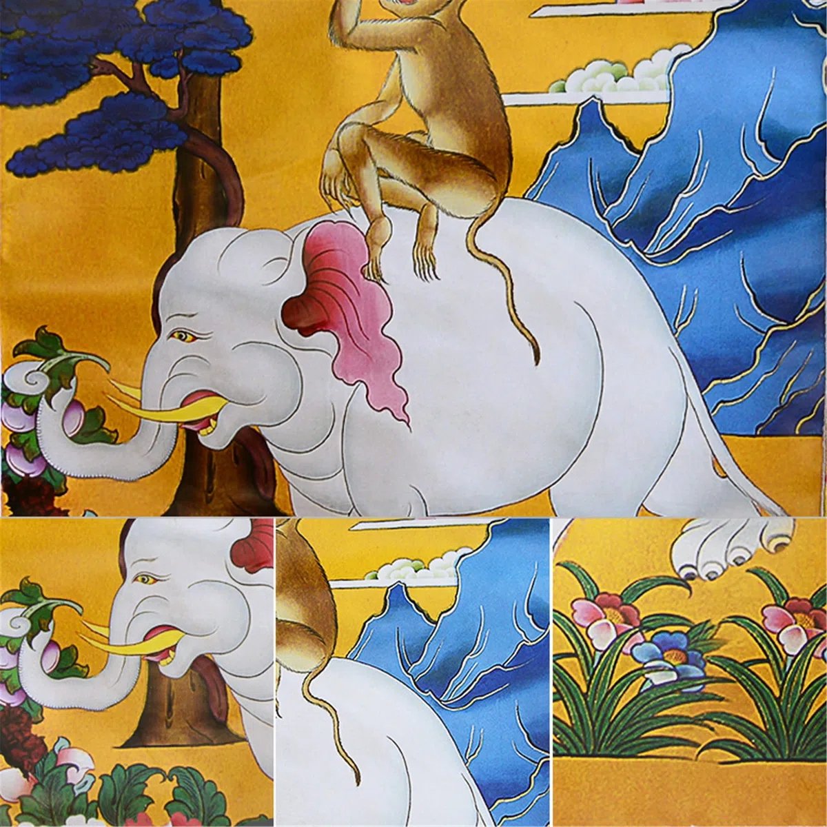 Gandhanra Thangka Tibetische Wandbehang,Vier harmonische Tiere Thangka,Heißgeprägter Buddha Wandteppich für Zen Wohnkultur, Meditation, Spirituelle Entspannung und Ruhe