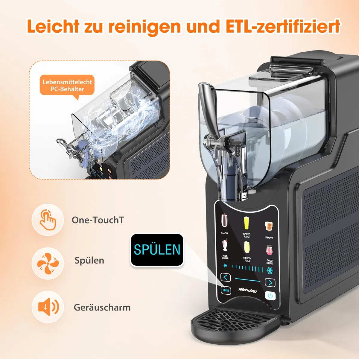 Richday Slush Eis Maschine, 2L Kapazität, LED Display, WhisperChill Technologie, 6 Programme, für Milchshakes, Frappés, Margaritas, Softeismaschine