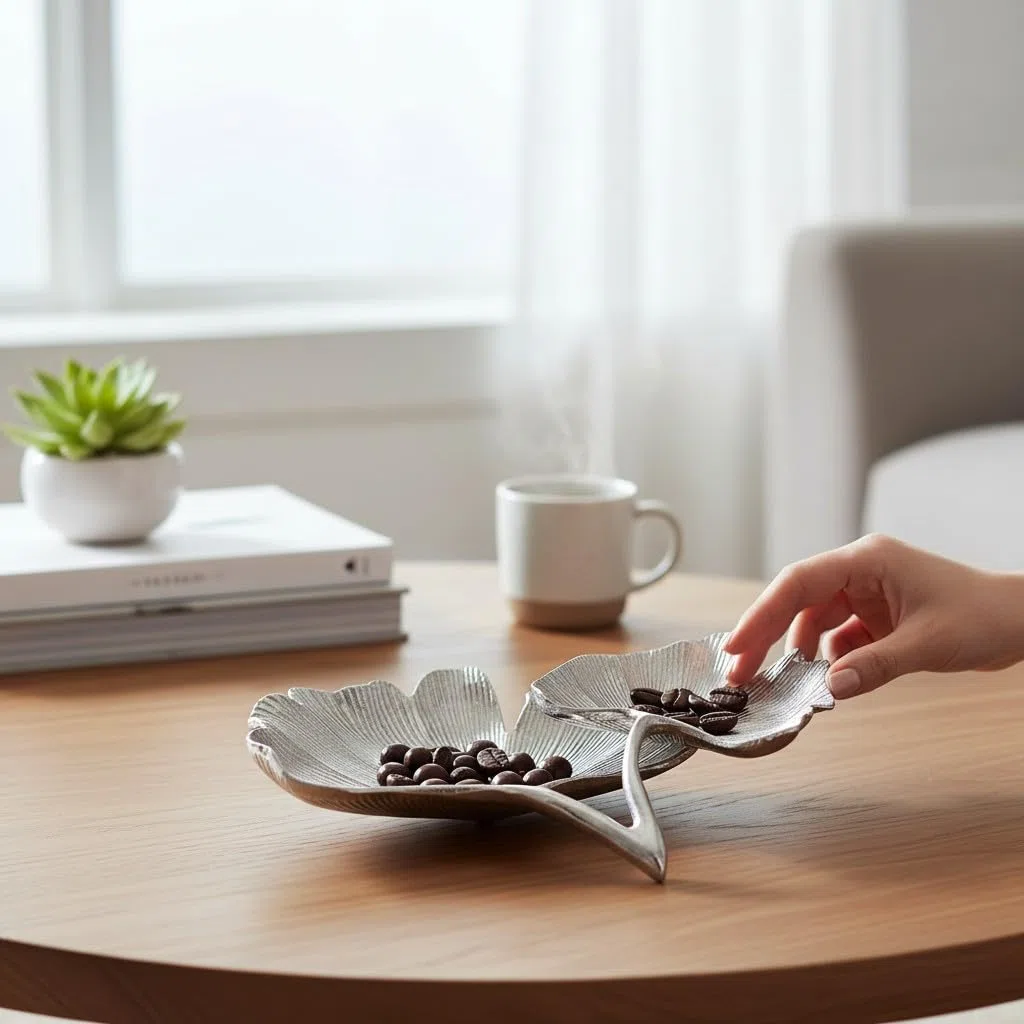 GILDE Deko Schale Wohnzimmer Tisch - Deko Silber Wohnzimmer - Schlüsselablage Schale Gingko - aus Aluminium Breite 34 cm Farbe: Silber