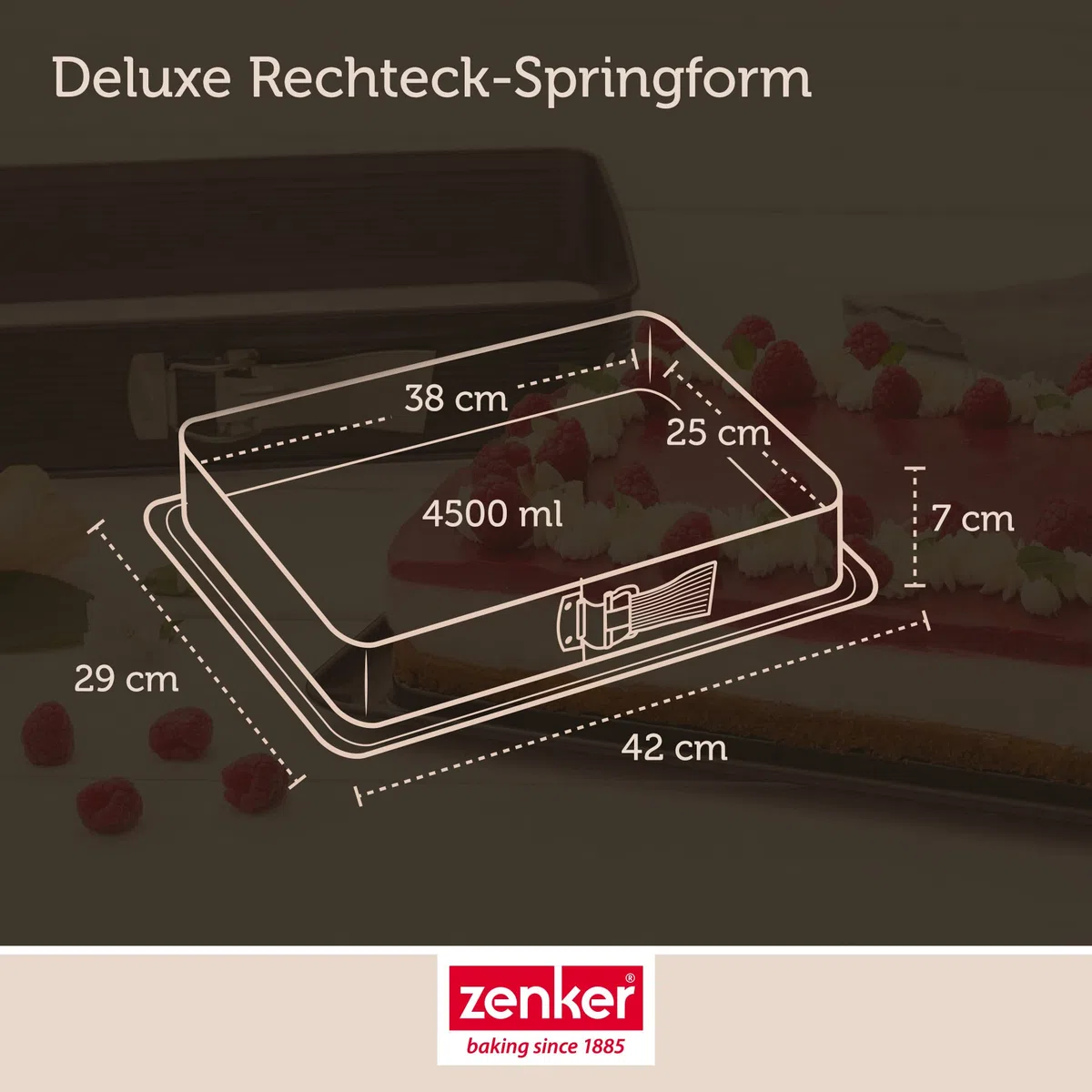 Zenker Deluxe Rechteck-Springform mit Auslaufschutz und Teigschaber – 42 x 29 x 7 cm, Antihaftbeschichtet & schnittfest, Emaille-Boden, Auslaufschutz-Rand, Made in Germany