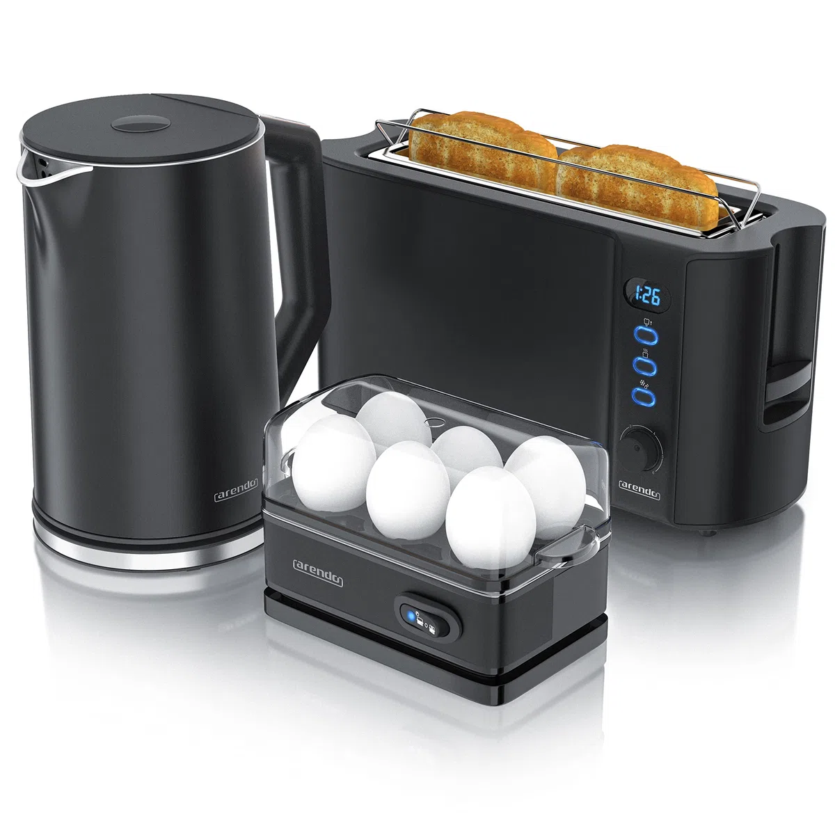 Arendo Wasserkocher Toaster Eierkocher Set Edelstahl Schwarz 1,5L 40-100°C 2 Scheiben LED 6 Bräunungsgrade 1-6 Eier BPA frei