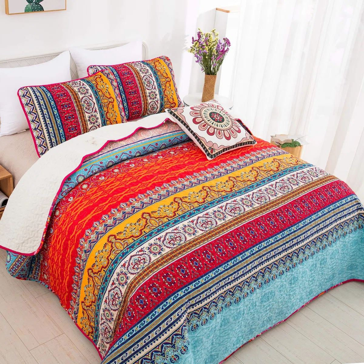 WONGS BEDDING Tagesdecke 220x240 Bettüberwurf Boho Steppdecke 3-teilig Mikrofaser mit 2 Kissenbezug 50x70