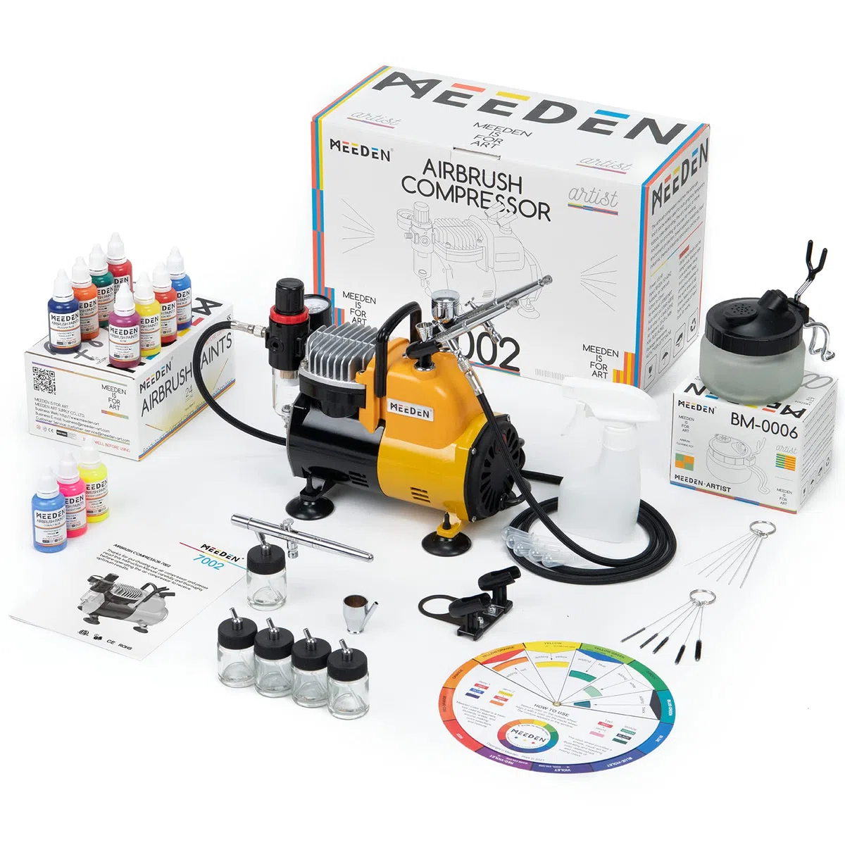MEEDEN Airbrush Kompressor Set mit 24 Farbset, 1/5PS Air Brush Set mit Auto Stop 3 Dual-Action Airbrushpistole (0.25/0.35/0.5mm) Druckluft Maschine mit Reinigungsset für Künstler Modellbau - 47dB