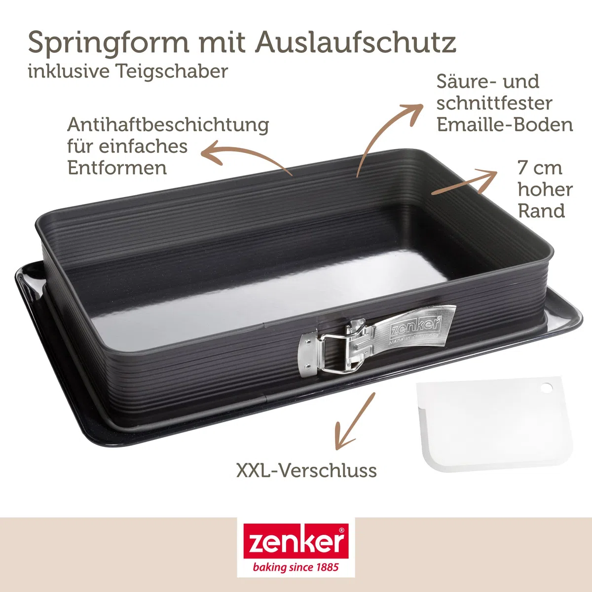 Zenker Deluxe Rechteck-Springform mit Auslaufschutz und Teigschaber – 42 x 29 x 7 cm, Antihaftbeschichtet & schnittfest, Emaille-Boden, Auslaufschutz-Rand, Made in Germany
