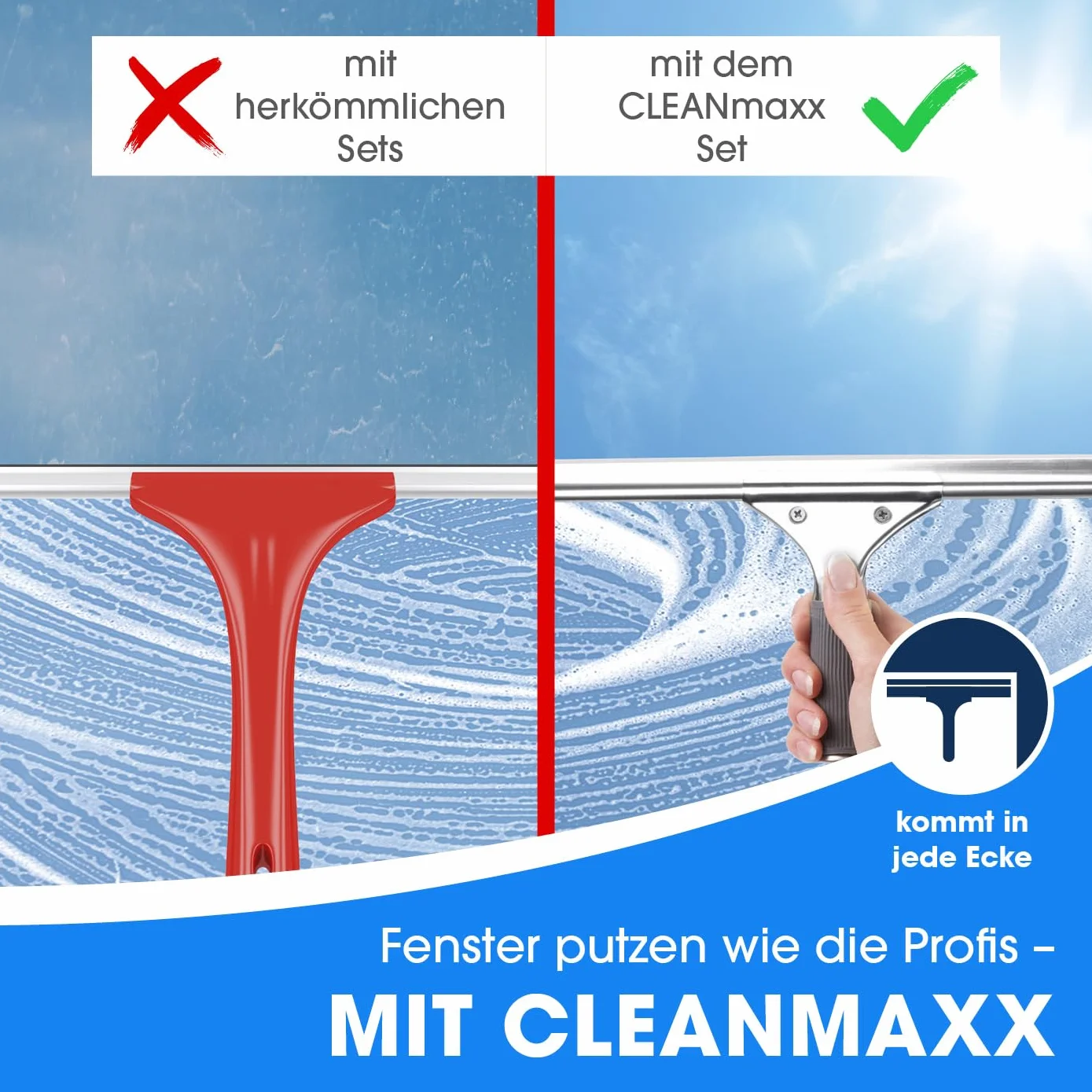 CLEANmaxx Fensterreiniger Set | 7-TLG. Fensterputzer Set für Oberflächen in Haus & Auto - inklusive Fensterabzieher, Fensterwischer, Reiniger, Wischtuch, Eimer und Halterungen für Wischer & Abzieher