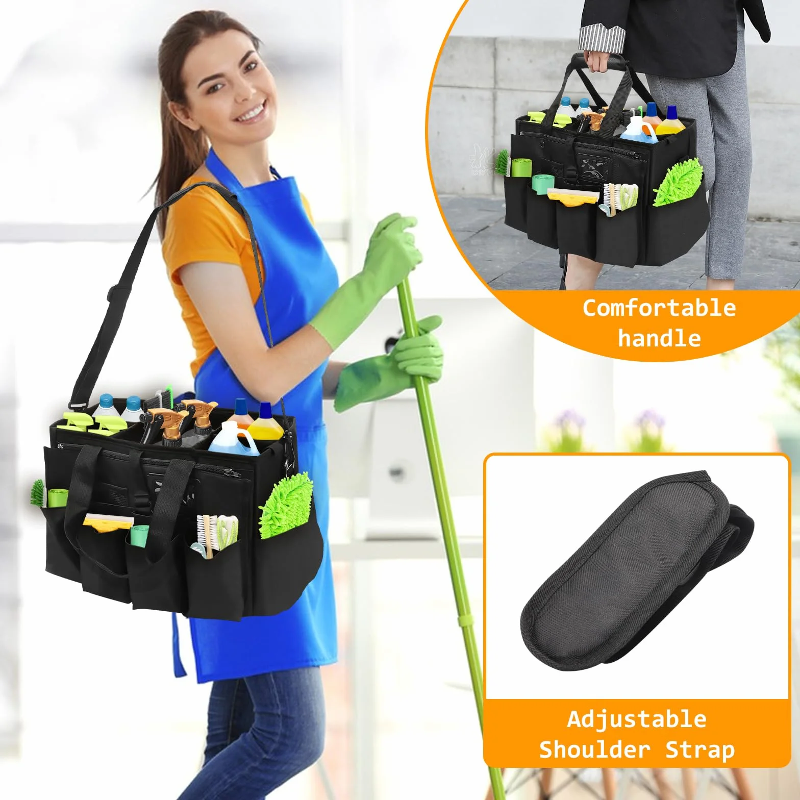 Putzmittel Organizer, 40x27x28cm Extra Großer Reinigungstasche, Putztasche Tragbare mit Griff und Verstellbarem Schultergurt, Reinigungs Aufbewahrungs Tasche Haushaltstasche für Zuhause Auto Garten