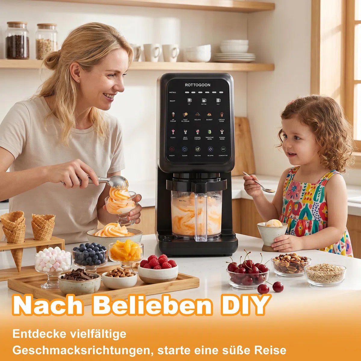 ROTTOGOON Eismaschine mit 3 Bechern 10 Programme für Eiscreme Sorbet Gelato & Frozen Yogurt 2-in-1 Geschmacksoption Softeismaschine für Zuhause mit Mix In Funktion & Automatisches Reinigungsprogramm