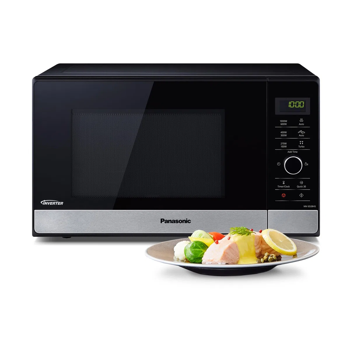 Panasonic NN-SD28HSGTG Inverter-Mikrowellenherd mit Glasdrehteller, 23 l, 1000 W, 10 automatische Programme, Auto-Auftauen, 6 Leistungsstufen, Timer, digitales LED-Display, Edelstahl & Schwarz