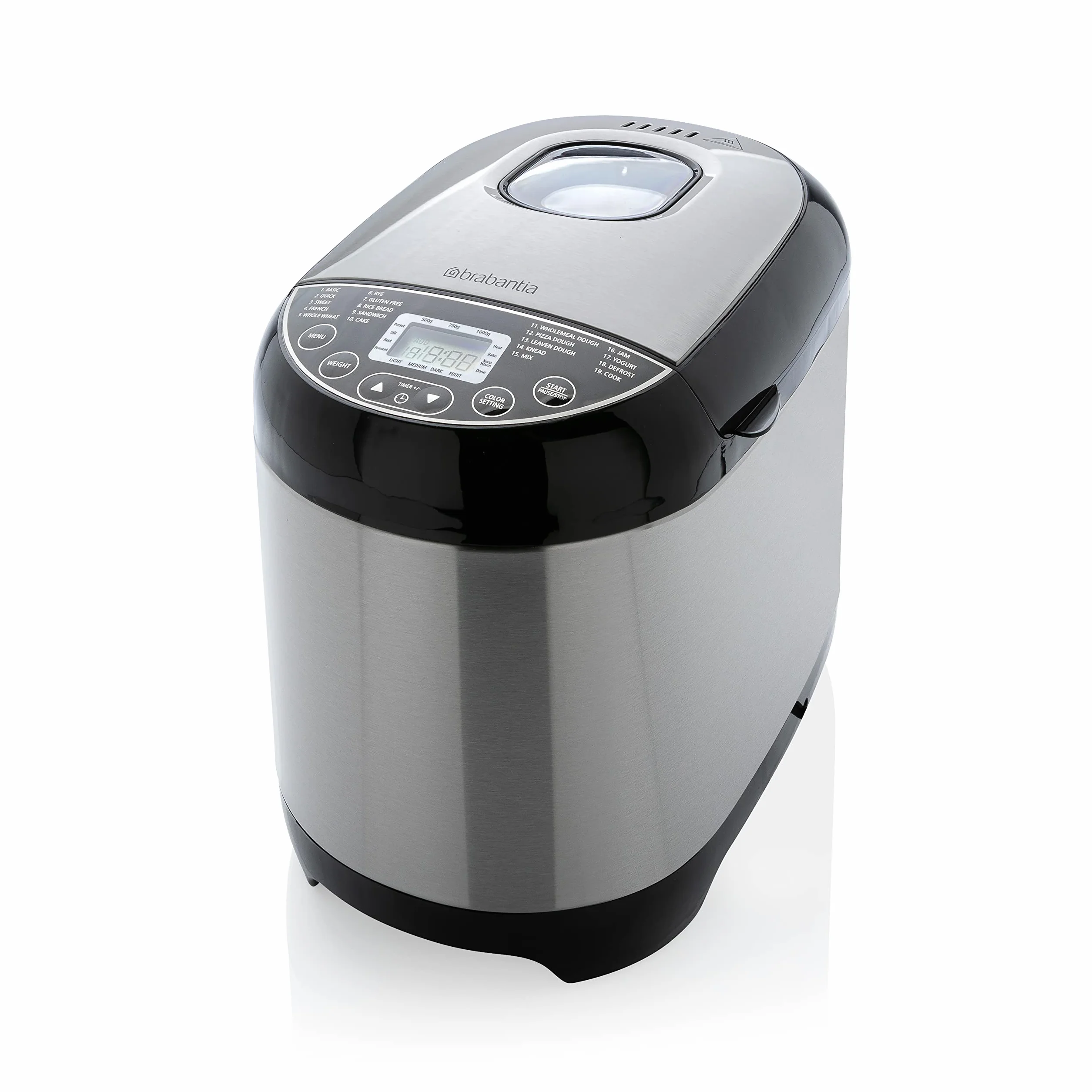 Brabantia Brotbackmaschine, Brotbacker, 19 Programme, 15 Stunden Verzögerungstimer, Warmhaltefunktion, 3 Bräunungsstufen, Geeignet für Diäten und Allergien, Edelstahl, BBEK1114