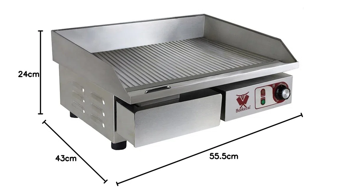 Beeketal 'BGP-c' Profi Gastro Gusseisen Grillplatte elektrisch mit 55 x 35 cm Grillfläche (geriffelt), stufenlos 50-300 °C (3000 Watt), Elektrogrill mit Spritzschutz und Fett Auffangbehälter