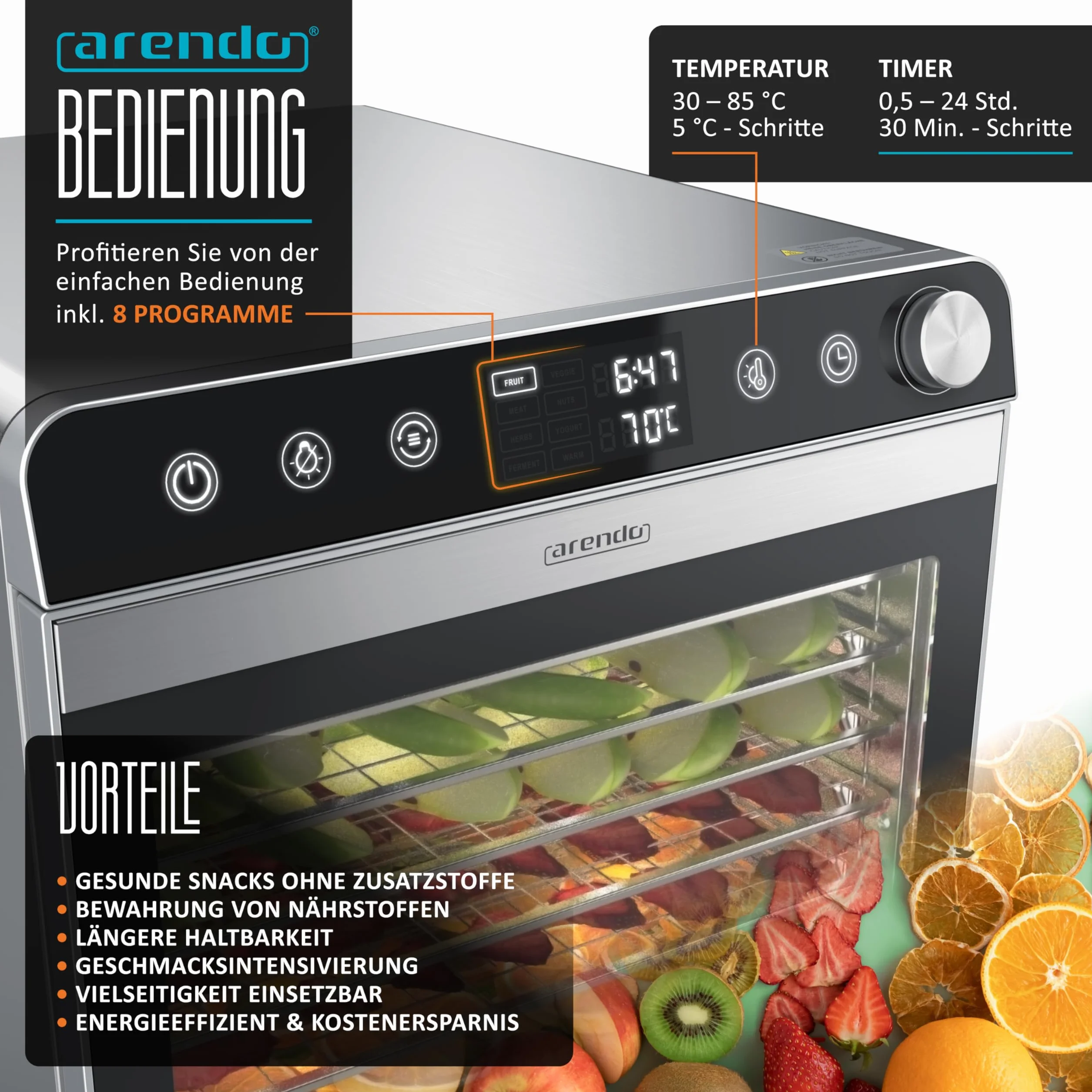 Arendo - Dörrautomat Edelstahl mit 10 Edelstahlgitter - 8400 cm² - Dörrgerät Dehydrator Obsttrockner Dörrapparat - Obst Fleisch Pilze uvm