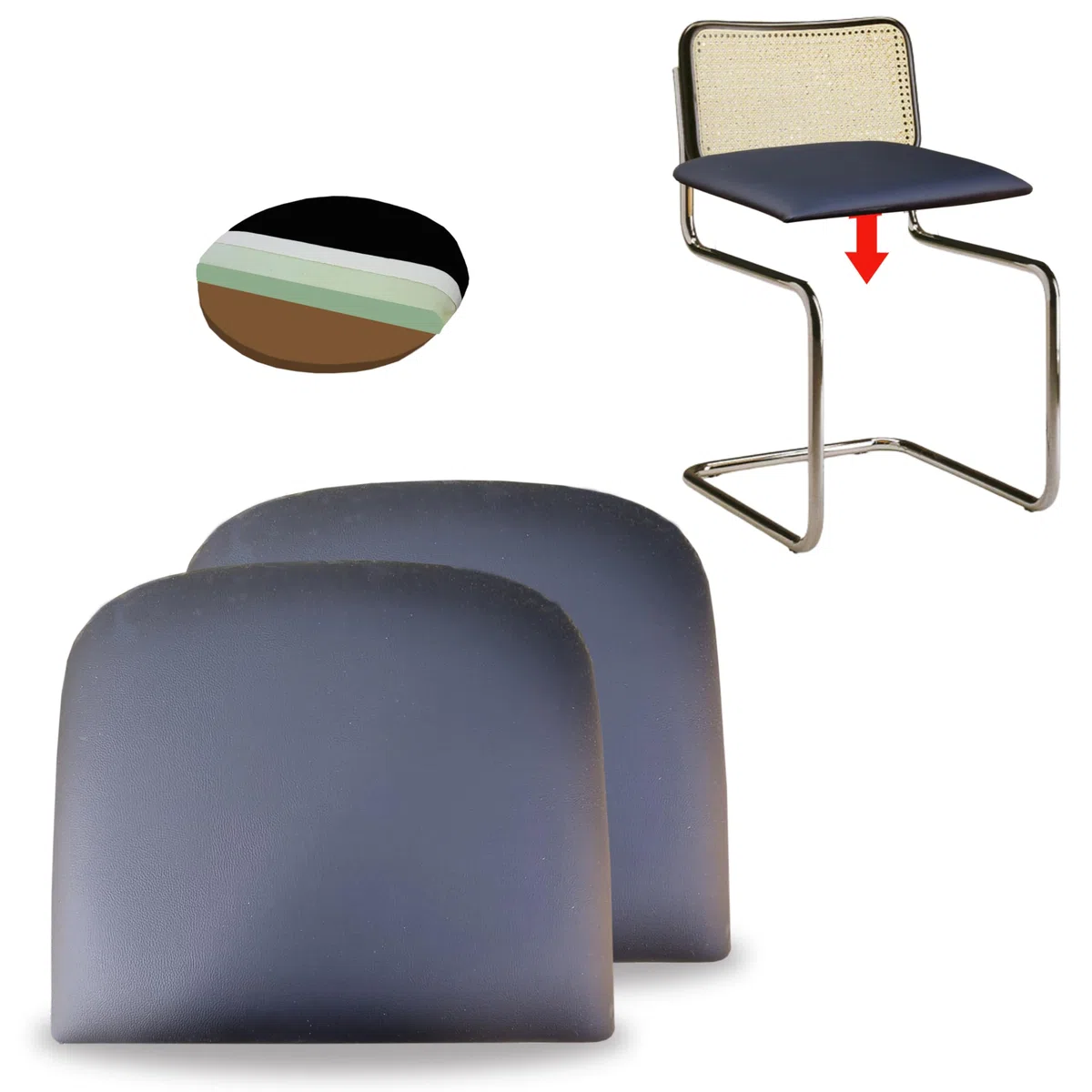 FacilCasa Ersatz für Breuer - Cesca Stuhl aus Wasserdicht Kunstleder, zur Restaurierung von Breuer - Cesca Metallstühlen. Mit Schaumstoff gepolstert, waschbar, bequem, (48x43x h 5) 2 Schwarze