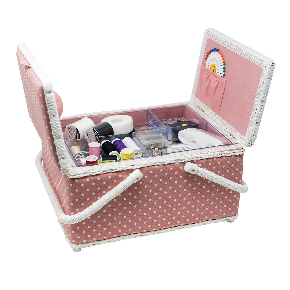 Korbond Nähkorb mit zwei Deckeln, gepunktet, 17 x 24 x 31 cm, Rosa