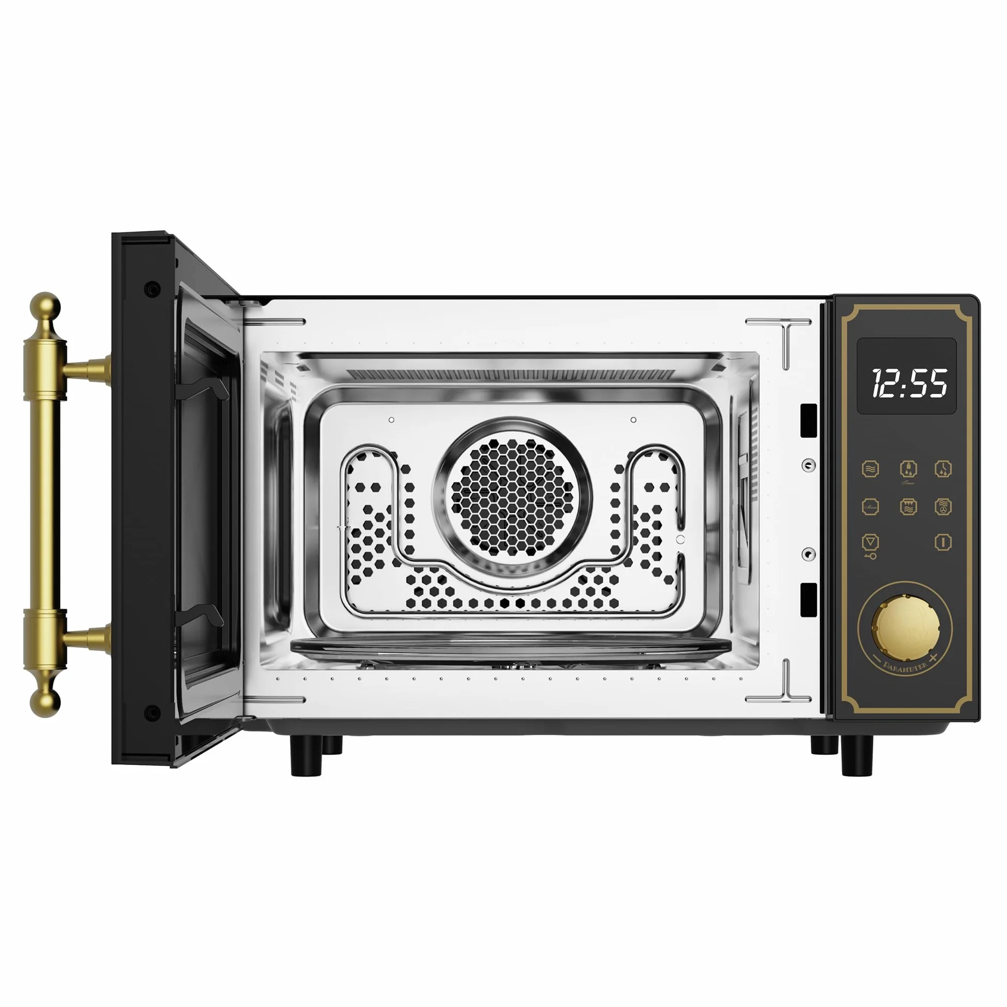 Kaiser Empire M 2530 Em Retro Mikrowelle in Schwarz | 25L | 1200W Grill | 2200W Heißluft | FullTouch-Bedienung mit Drehknebel | Glasfront | Türgriff aus echtem Metall Bronze | 25 Funktionen