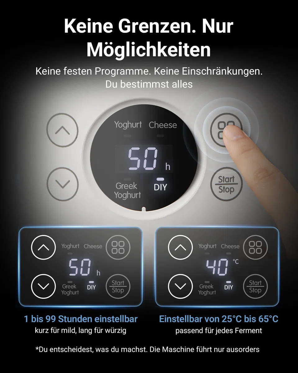 Bear Joghurtbereiter Joghurt- und Frischkäsebereiter, inkl. 4 Keramik Portionsbecher à 125 ml, 2 XXL Glasbehälter à 1 Liter, 4 voreingestellte Programme für Griechischer Joghurt, Käse