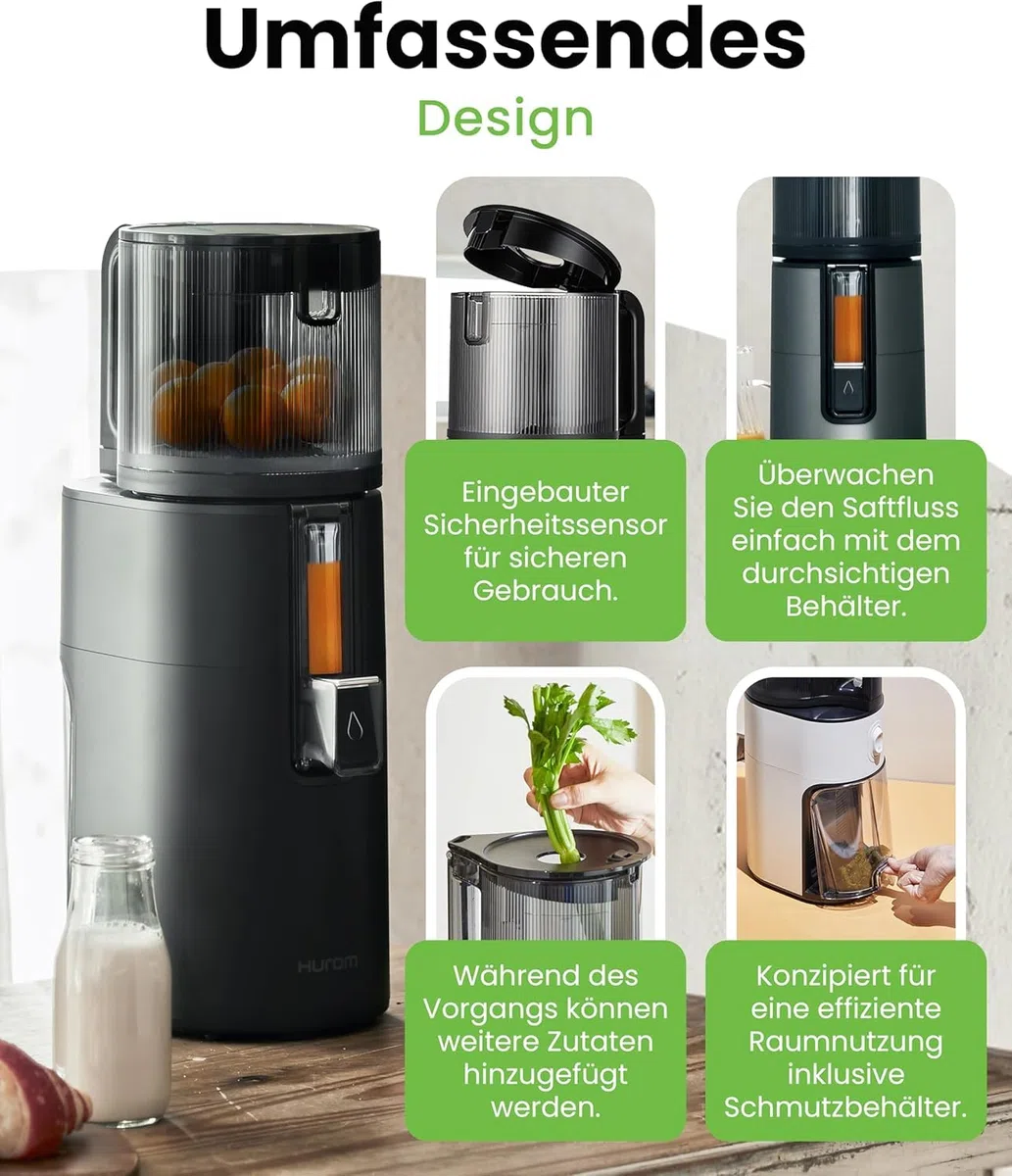 Hurom Slow Juicer | Entsafter Gemüse und Obst | H400 | Leicht zu Reinigen & Leiser Motor Elektrischer Entsafter mit großem Behälter und Siebfilter 2L | 150 Watt | BPA Frei | Schwarz