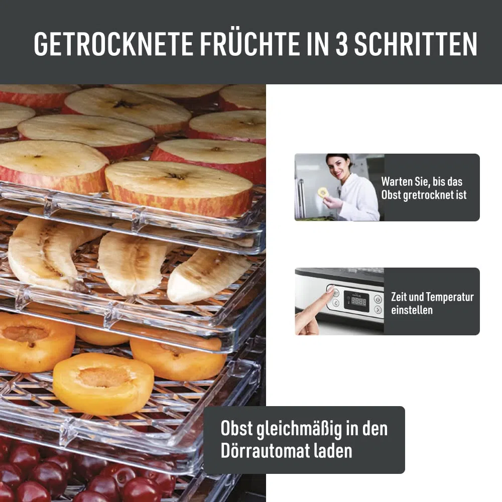 Dörrautomat | Elektrischer Obst-, Fleisch- & Kräutertrockner | 5 Einlegeböden | Timer & Überhitzungsschutz | Gesunde Snacks ohne Zusatzstoffe | 260 Watt Leistung