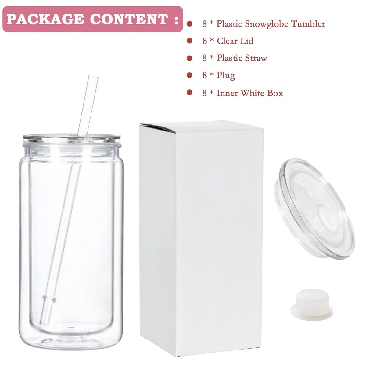 Cosictic 8 Stück Mehrweg Kunststoff-Schneekugelbecher mit vorgebohrtem Loch. 473ml Unzen Doppelwandiger Kunststoff-Tumbler mit klarem Deckel und Trinkhalm.