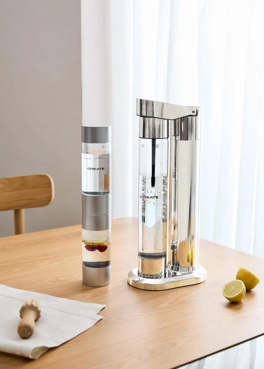 CREATE SODA MAKER STUDIO / 1L CHROM + DOPPELFLASCHE 500ml + 350ml / KEINE CO2-Zylinder, BPA freie Flasche