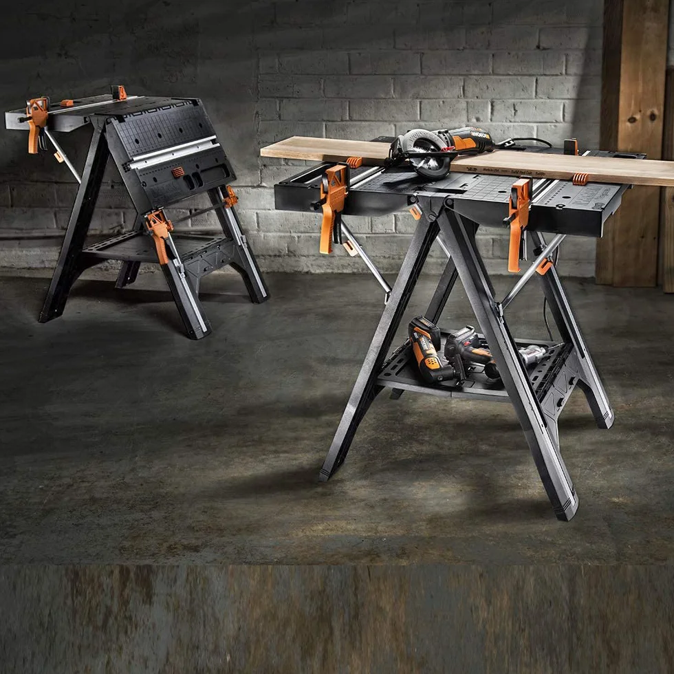 WORX PEGASUS WX051 mobile multifunktionale Werkbank - hochwertiger Arbeitstisch klappbar für die Werkstatt, max. Belastung 450kg – inkl. Schnellklemmvorrichtung – hohe Stabilität & große Arbeitsfläche