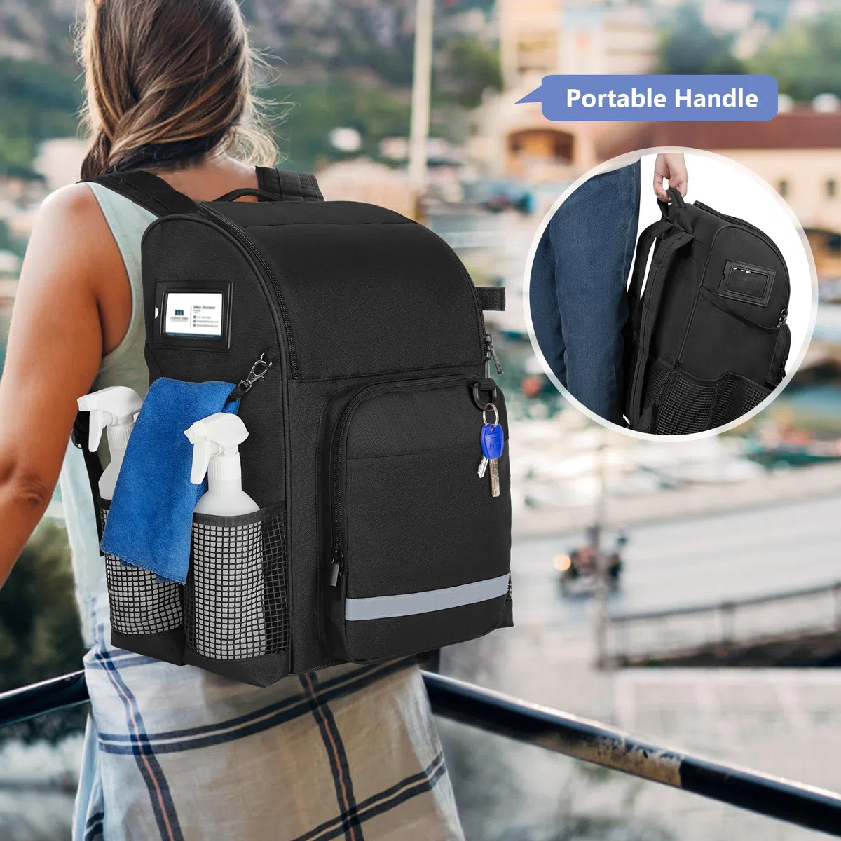 LoDrid Rucksack für Reinigung mit Verdickten, Verstellbaren Schultergurten, Großer Reinigungstasche mit Mehreren Taschen für Hausarbeit, Schwarz (Patentiertes Design)