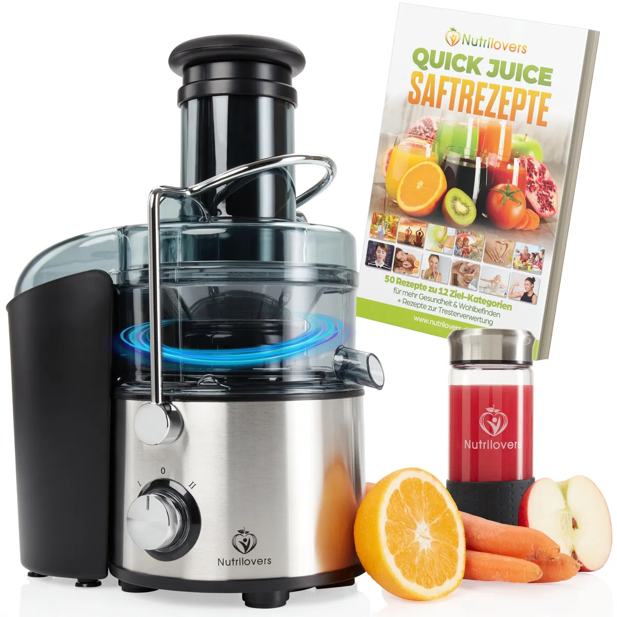 Nutrilovers Entsafter QUICK-JUICER MAX Zentrifugal-Entsafter Obst und Gemüse entsaften, 800W, XXL Einwurf, Edelstahl-Sieb, Externer Tresterbehälter, BPA-frei inkl. Trinkflasche + Rezeptbuch