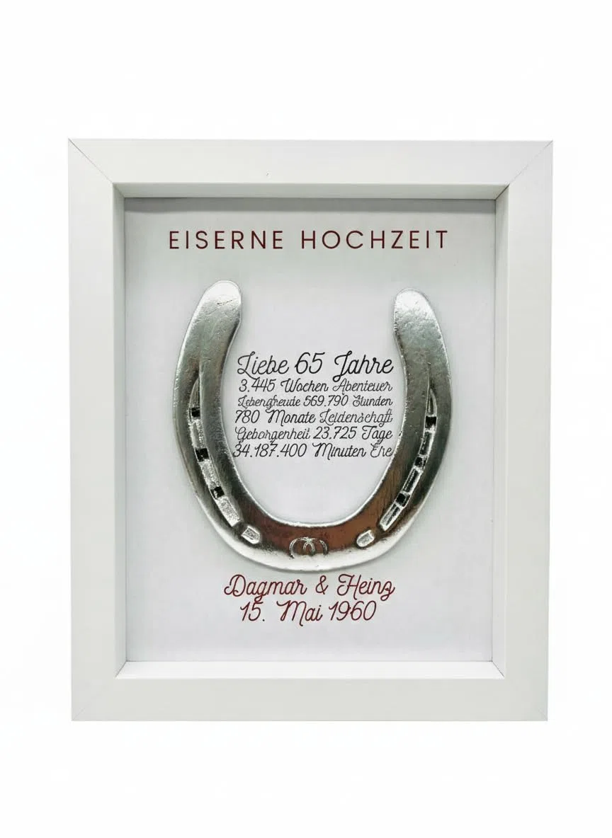 Generisch Geschenk zur eiserne Hochzeit, Eiserne Hochzeit, Wandbild 65 Jahre Ehe, personalisiertes getragenes Hufeisen (Hellbrau)