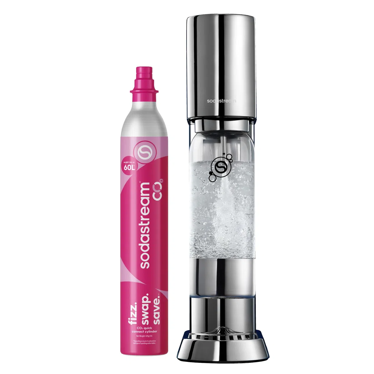 Sodastream ENSO Wassersprudler, Edelstahl Wassersprudler mit Quick Connect CO2-System, inkl. 1 CO2-Zylinder für bis zu 60L Sprudelwasser und 1 ENSO Sprudlerflasche, Sprudelwasser Maschine, Silber