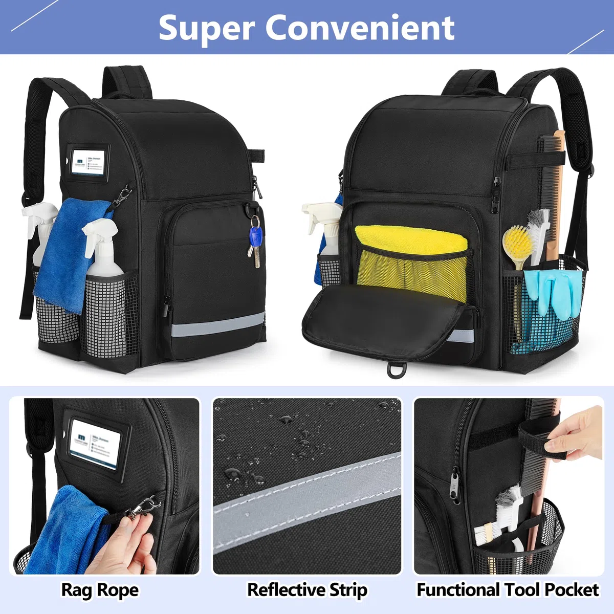 LoDrid Rucksack für Reinigung mit Verdickten, Verstellbaren Schultergurten, Großer Reinigungstasche mit Mehreren Taschen für Hausarbeit, Schwarz (Patentiertes Design)
