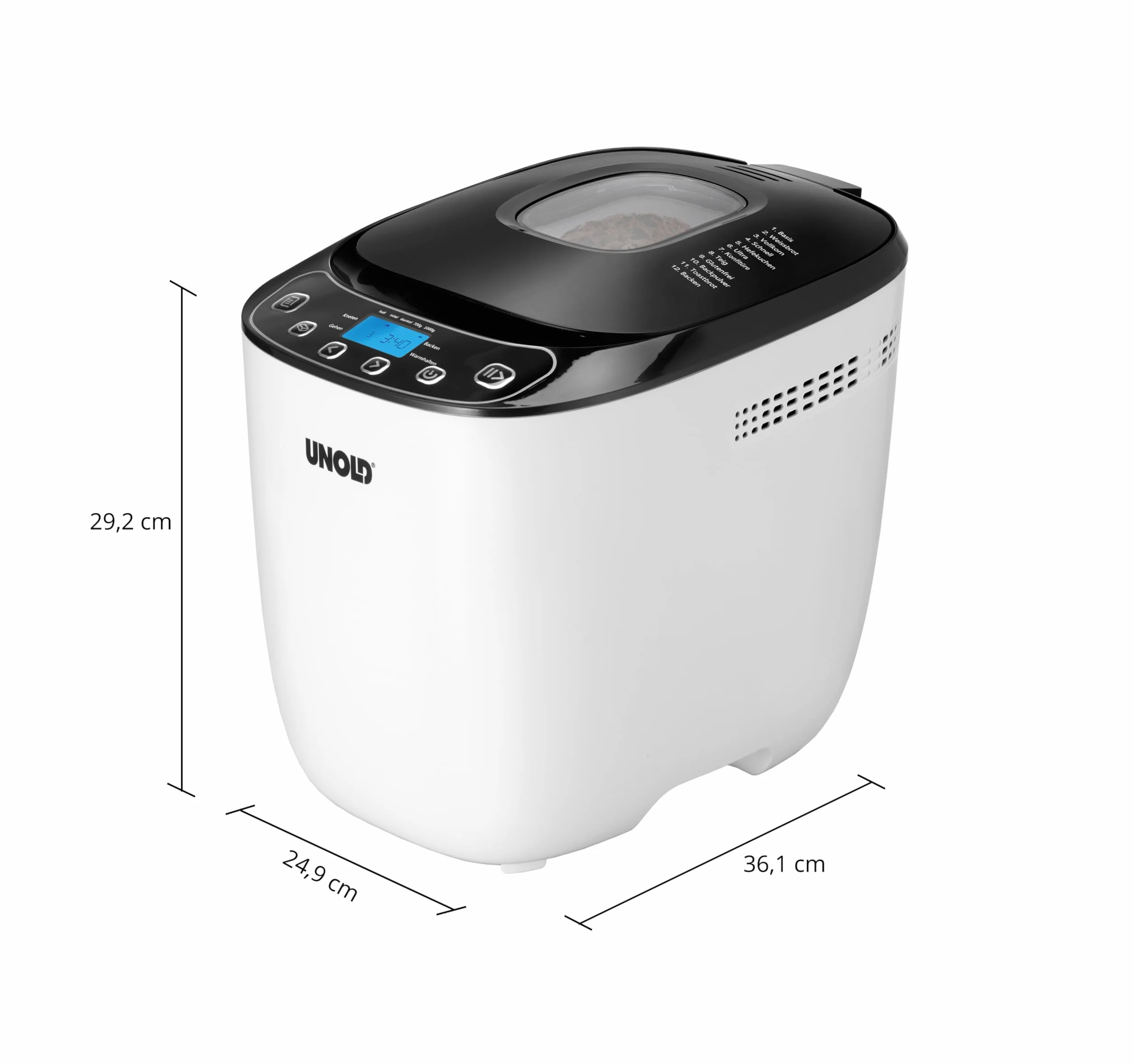 Unold 68010 Backmeister Design - Brotbackautomat, bis 1.000g Brotgewicht, Schwarz-Weiß, 550 Watt, BPA-frei, Cool-Touch-Gehäuse, 12 gespeicherte Programme, LCD-Display