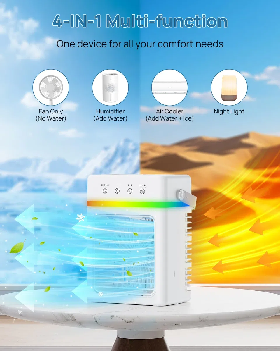 Klimaanlage Mobil 4-IN-1, Mini Mobiles Klimagerät mit 900ML Wasserkühlung, USB betrieben, 3 Geschwindigkeiten & 2 Sprühstufen, 2-6 Stunden Timer, Dimmbare RGB-LED-Beleuchtung, Ideal für Kleine Räume