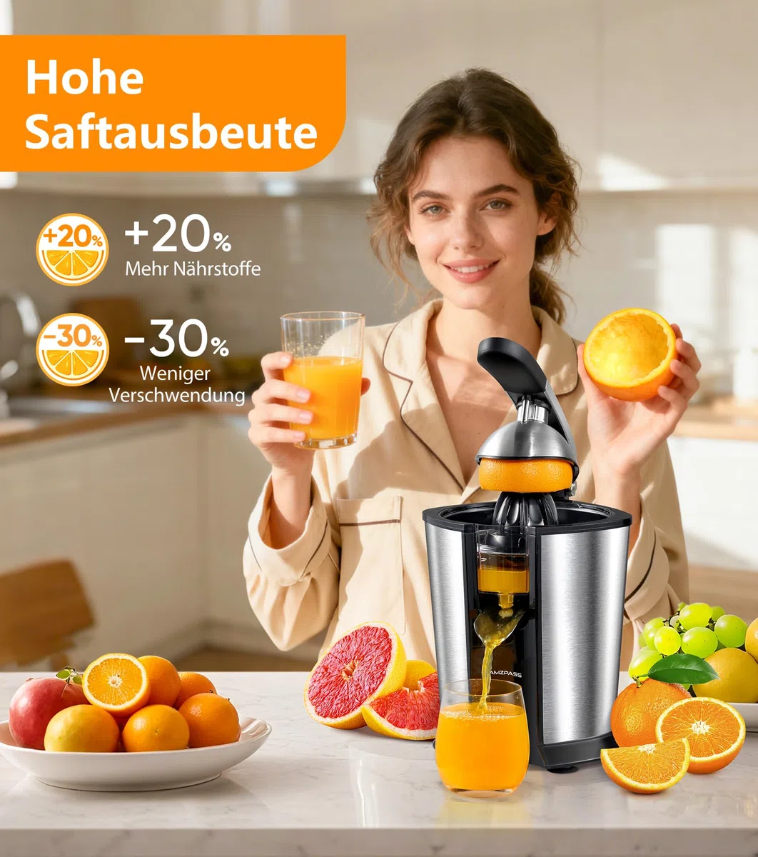 Elektrischer Zitruspresse, Zitrusentsafter mit 2 Aufsätzen und Soft-Griff für müheloses Entsaften, Geräuscharmer Edelstahl-Entsafter für Limette, Grapefruit & Zitrone, Schwarz