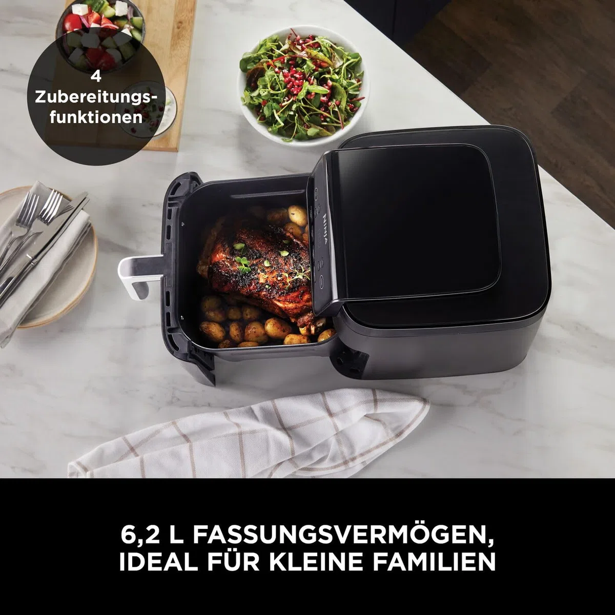 Ninja Heißluftfritteuse, 6,2 l, ohne Öl, große quadratische Schublade, Braten, Heißluftfrittieren, Dörren, Aufwärmen, digital, Antihaftbeschichtet, Spülmaschinengeeigneter Korb, Schwarz, AF170EU