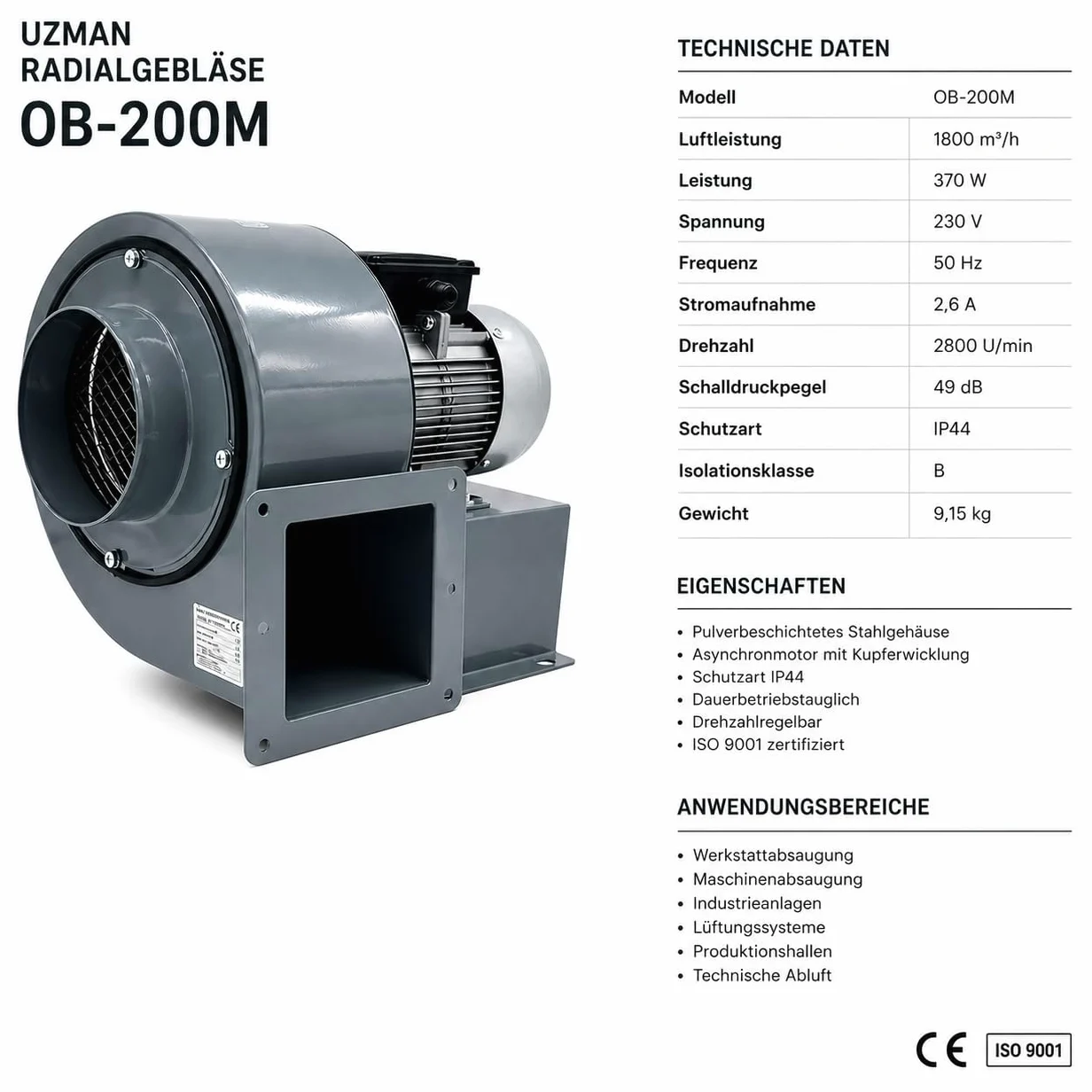 UZMAN OB200M Radialgebläse + Drehzahlregler + Flansch + 10 Meter Alu-Flexrohr | 1800 m³/h Industrie Radiallüfter | Saugventilator 230V für Werkstatt, Absaugung und Lüftungssysteme