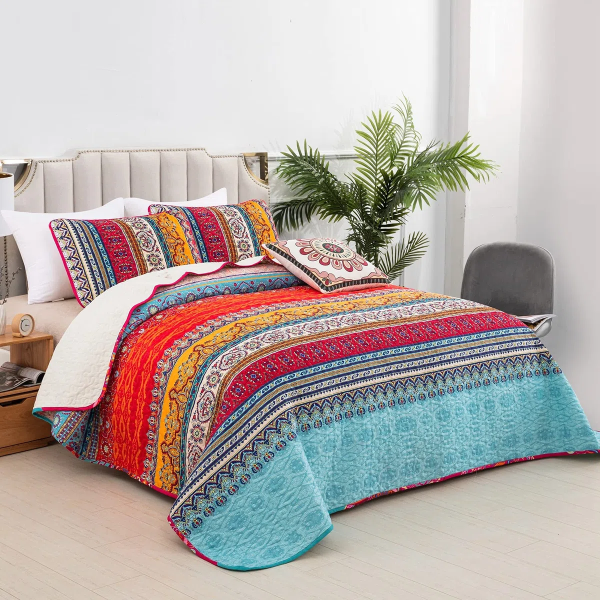 WONGS BEDDING Tagesdecke 220x240 Bettüberwurf Boho Steppdecke 3-teilig Mikrofaser mit 2 Kissenbezug 50x70