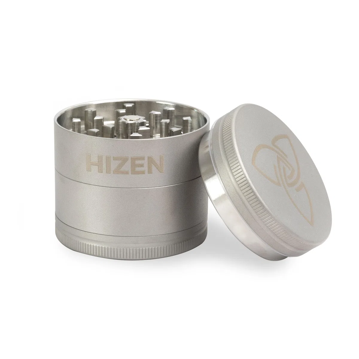 Grinder Edelstahl 4-teilig, unverwüstlicher Crusher mit Pollenfach + Schaber, Kräutermühle, Gewürzmühle - abriebfest, magnetisch - Silber Matt Ø4.9cm