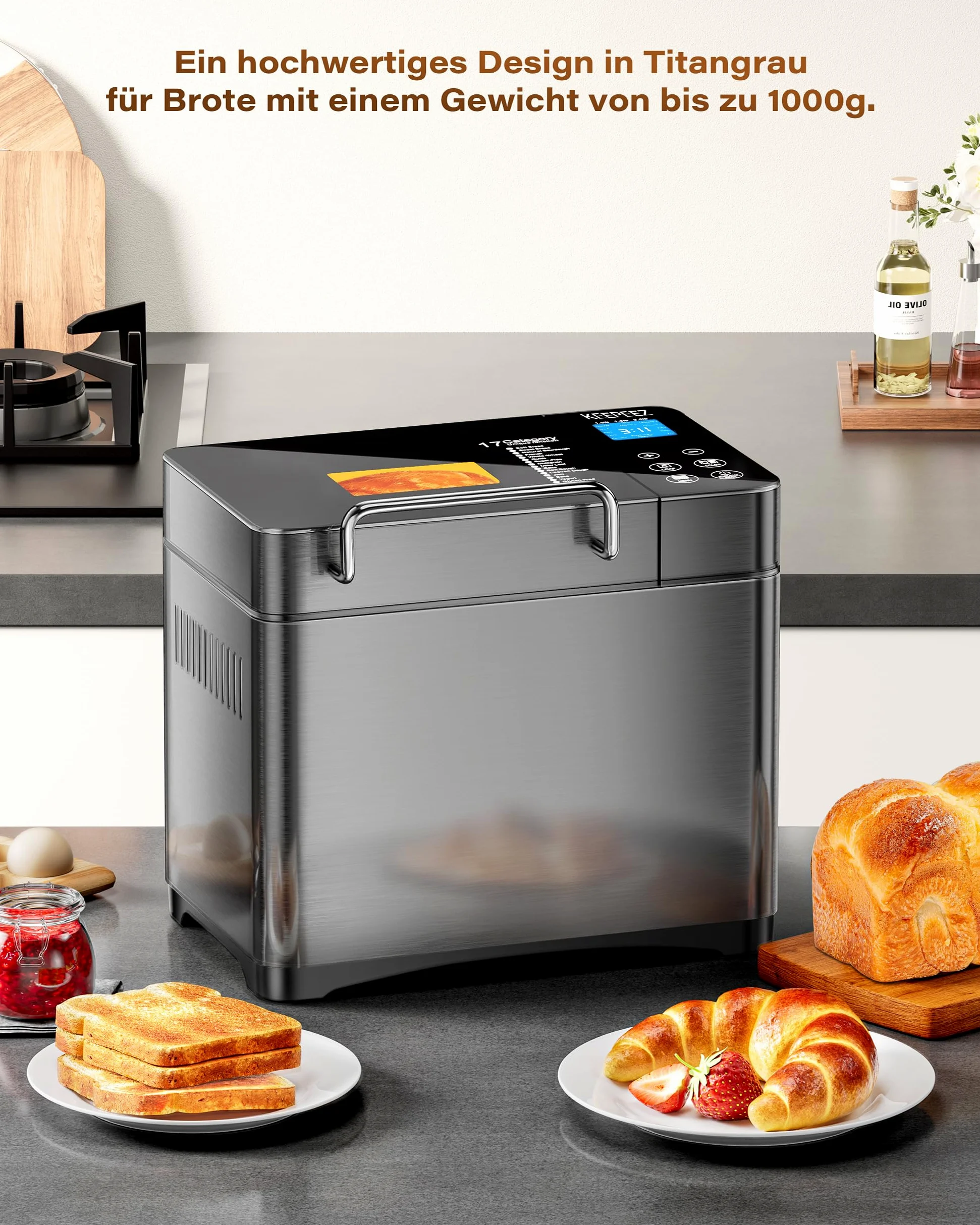 Pro 17-in-1 Vollautomatische Edelstahl Brotbackautomat mit Gesundem Keramik-Brotpfanne, 710W Konvektions-Brotmaschine, 1kg-Kapazität, Automatischem Nuss-Dispenser, Intelligentes Touchpanel